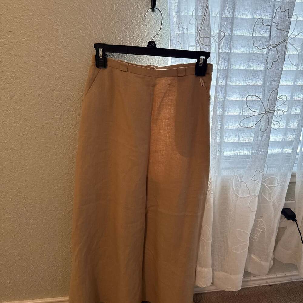 Vintage Chanel Mid-Length Beige Linen Skirt with Logo Button